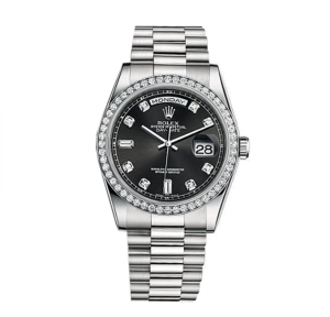 Replica Swiss Rolex Day-Date Automatic Black Diamond Dial Stainless Steel Men's Watch 