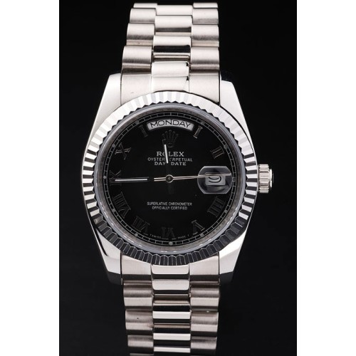 Rolex Day-Date Swiss Movement Quality Replica Watches Automatic  Silver Watch Black Dial 44mm