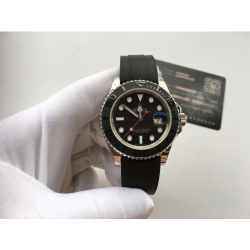 Replica Swiss Rolex Yacht-Master Automatic Black Dial White Gold Black Rubber Strap Men's Watch 116655 High End 