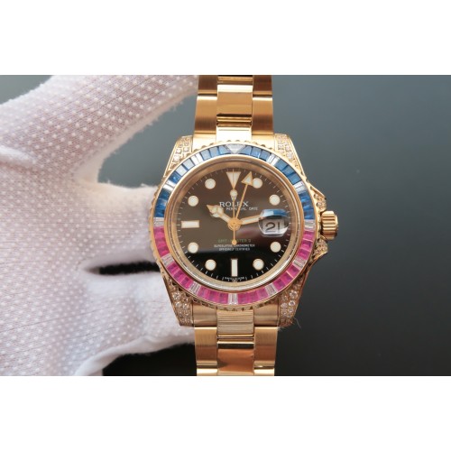 Replica Swiss Rolex GMT-MASTER II Automatic Chronometer Diamond Black Dial Men's Watch 116758SARU 