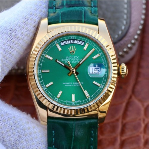 Replica Swiss Rolex Day-Date 36  President Automatic Green Dial Green Leather Men's Watch