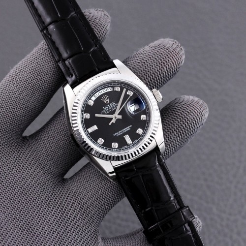 Swiss Rolex Day-Date 36  Automatic Silver Black Diamond Dial  President Replica Men's Watch