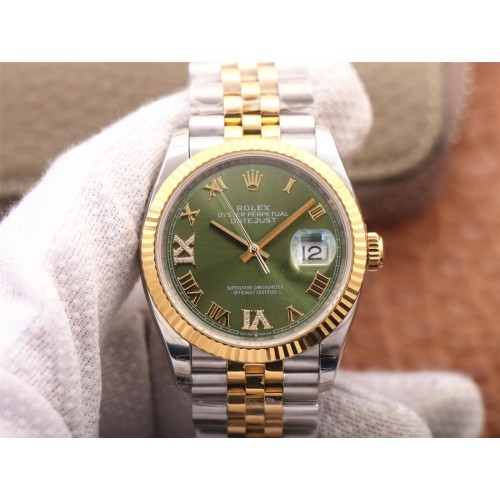 High End Replica Swiss Rolex  Datejust 36 Olive Green Diamond Dial Men's Jubilee Watch 126233