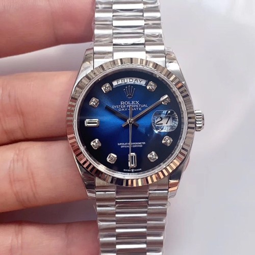 Swiss Rolex Day-Date 36 Automatic Blue Diamond Dial 18k White Gold Replica Unisex Watch 128239