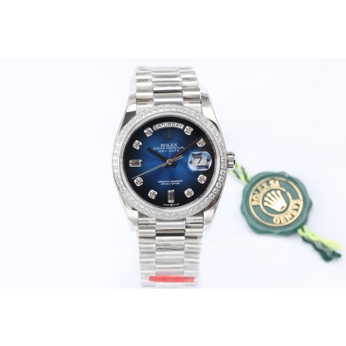 High End Replica Swiss Rolex Day-Date 36 Blue Dial 18k White Gold Diamond-Set President Watch 128349