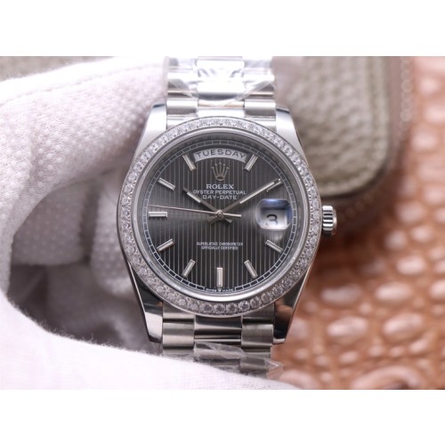 High End Replica Swiss Rolex Day-Date Automatic Black Strip Dial Diamond Men's Watch 228349 40mm