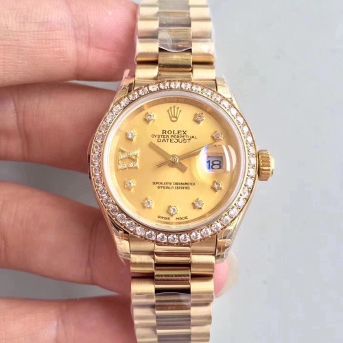 High End Replica Swiss Rolex Lady-Datejust Champagne Diamond Dial 18k Yellow Gold President Watch 279138 28mm