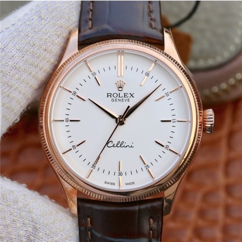 Replica Rolex Cellini Automatic White Lacquer Dial Brown Leather Swiss Men's Watch 50505 39mm