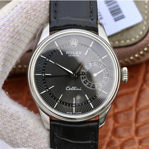 Replica Swiss Rolex Cellini Black Guilloche Dial Automatic  Men's Leather Watch 50519 39mm