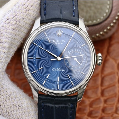 Swiss Rolex Cellini Blue Guilloche Dial Automatic Replica Men's Leather Watch 50519 39mm