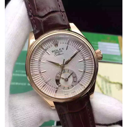 Replica High End Swiss Rolex Cellini Dual Time Silver Dial 18k Rose Gold Men's Watch 50525