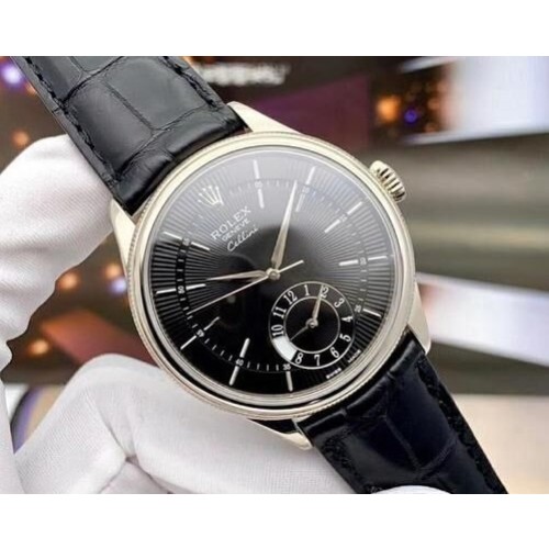 High End Swiss Rolex Cellini Dual Time Black Dial Plated White Gold Replica Men's Watch 50529-0007