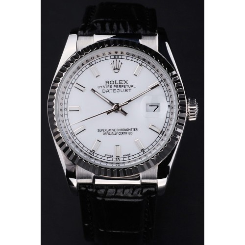 Rolex Datejust Swiss MovementReplica Watch Black Leather strap Watch White Dial 45mm
